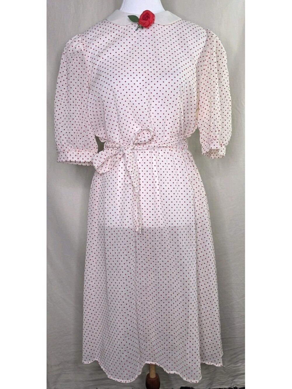 Vintage 80s Opening Night Sheer Red Polka Dot Puff Sleeve Dress Size 12 NWT Rose